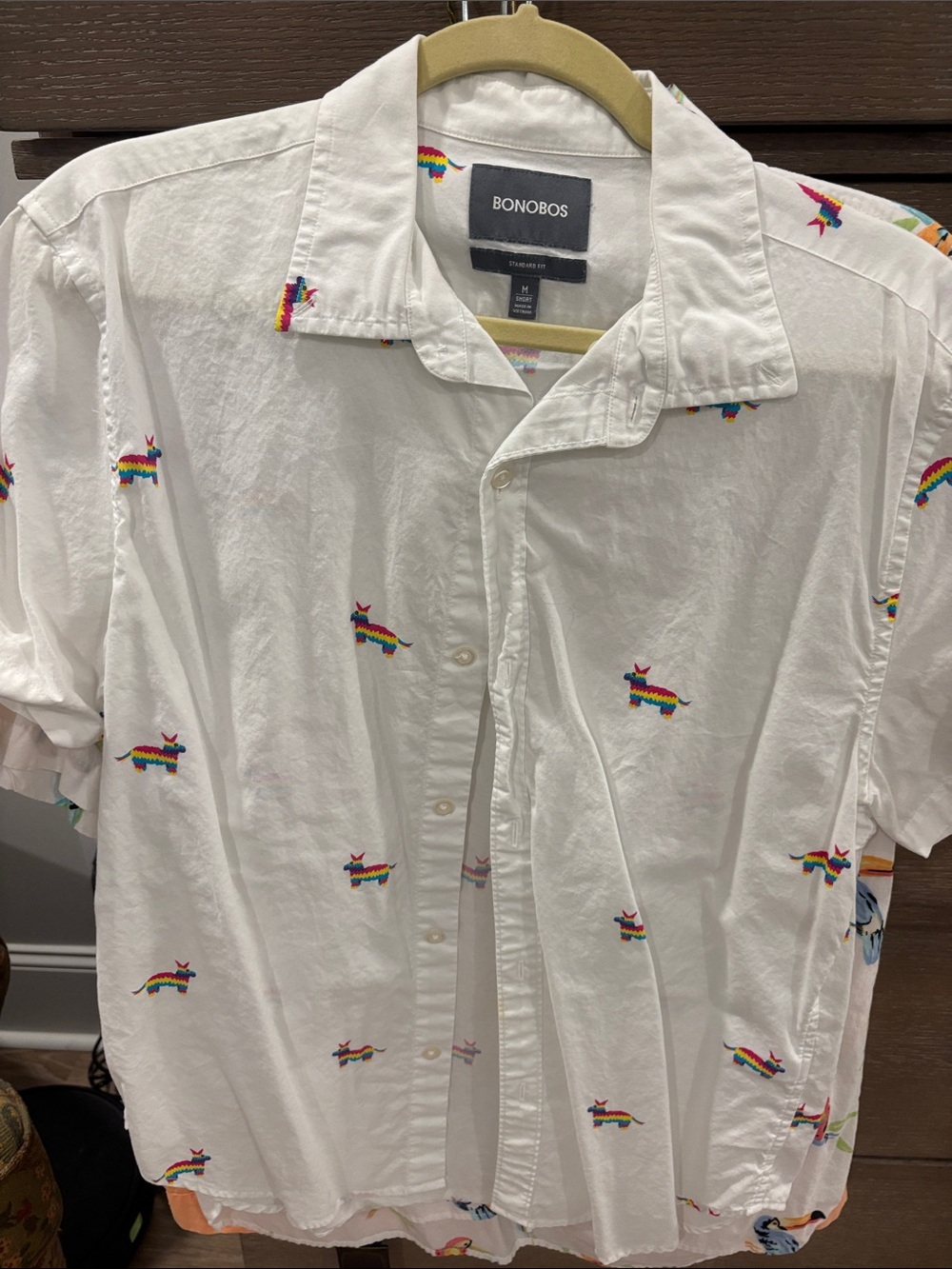 Bonobos White Short-Sleeve Button-Down Shirt with Rainbow Piñata Embroidery